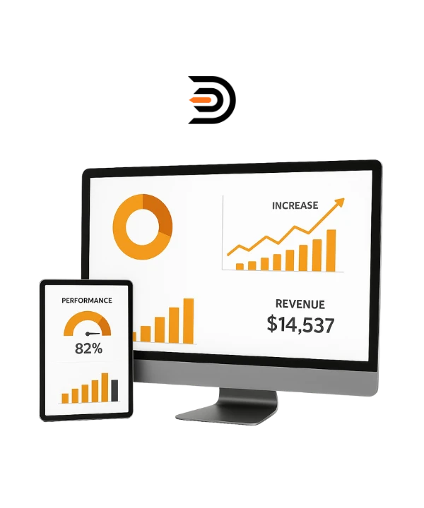 Dygion ad management dashboard showing performance metrics, revenue analytics, and growth statistics on desktop and mobile devices